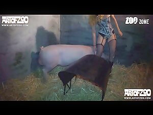 Hermosa rubia y perro en una escena de zoofilia